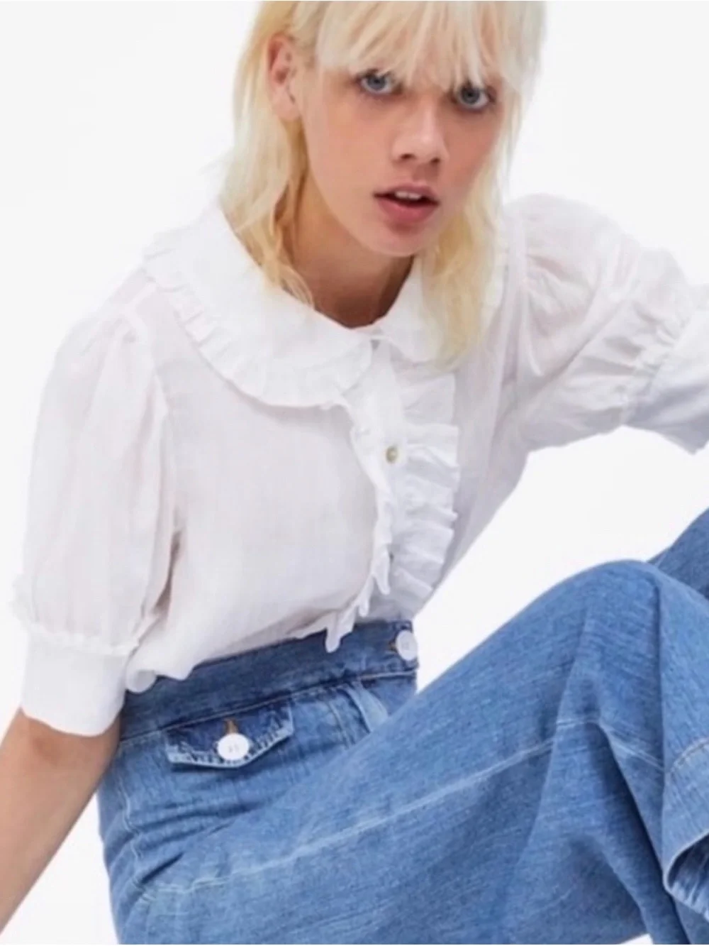 Zara White Ruffle Front Puff Sleeve Blouse